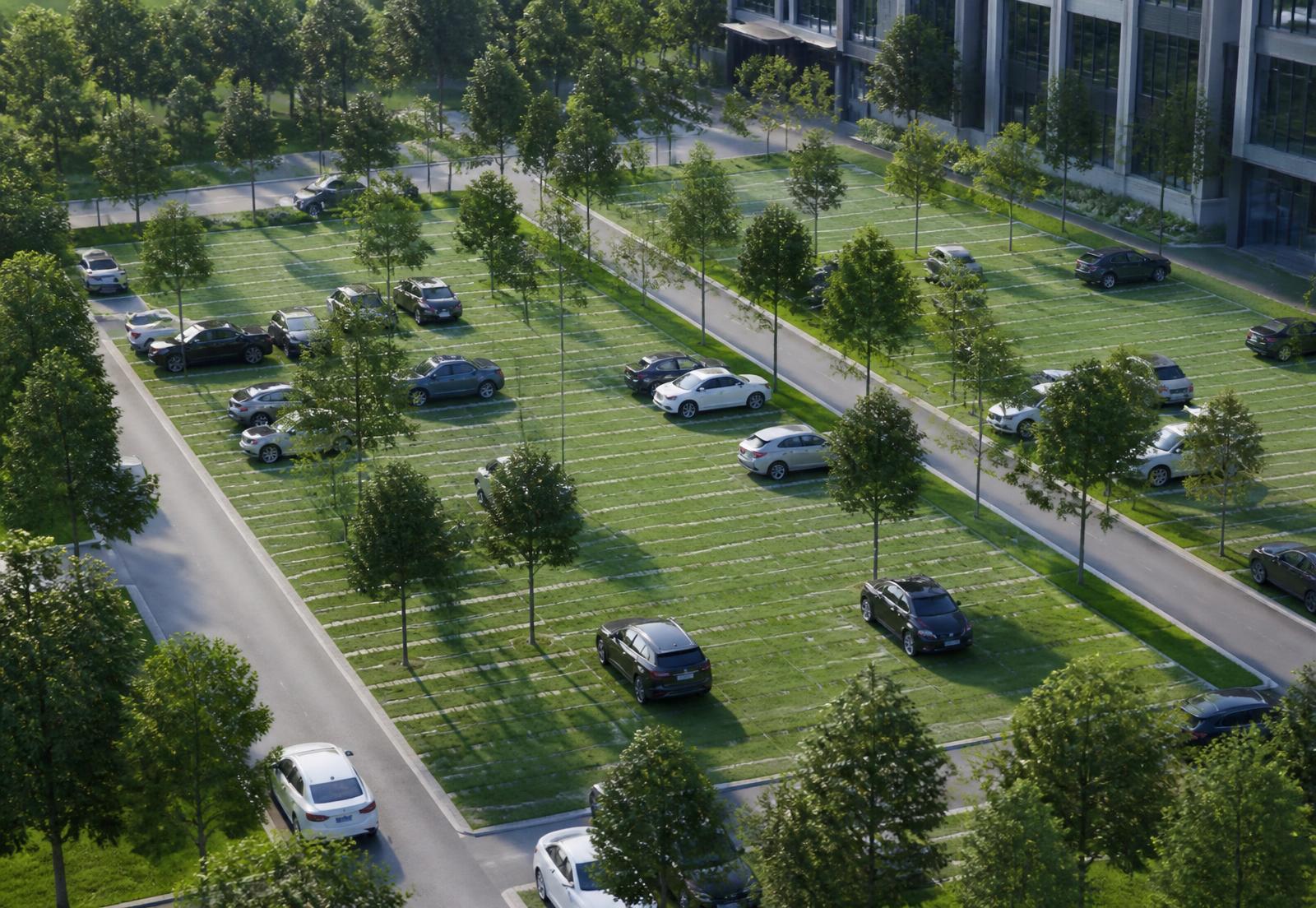 Vista aérea de um estacionamento corporativo executado com pavimento gramado, com veículos estacionados sobre a grama